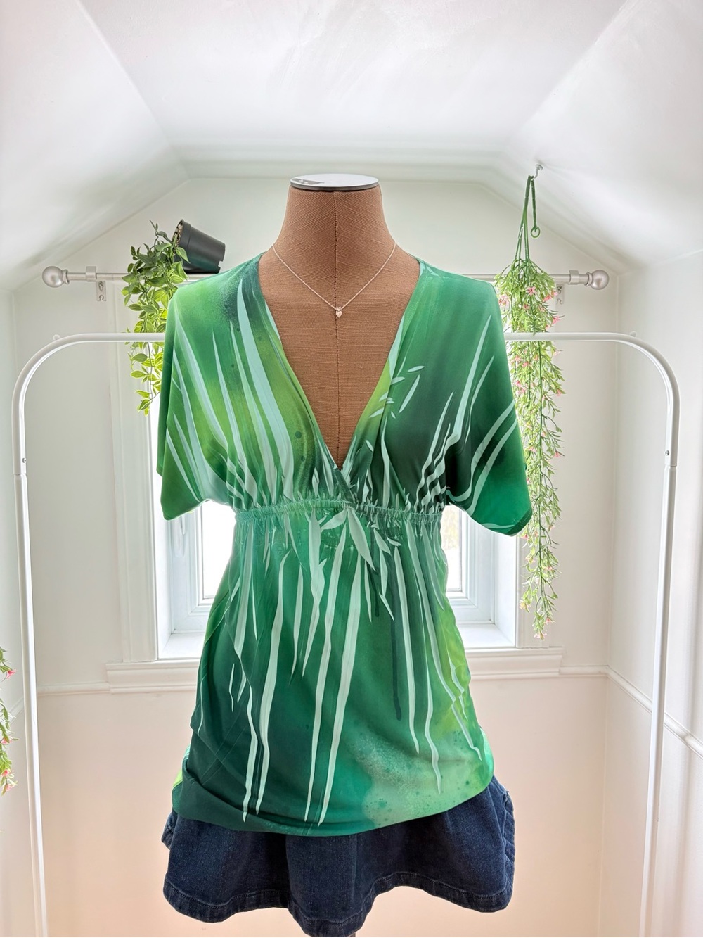 Green V-Neck Gathered Waist Women’s Top